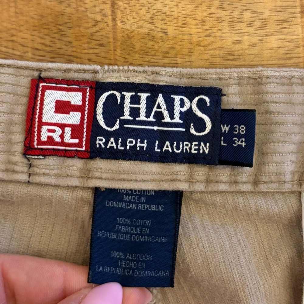 Vintage Chaps Ralph Lauren Corduroy Pleated Pants 38x34 Cuffed Baggy Tan 90s - Picture 6 of 14